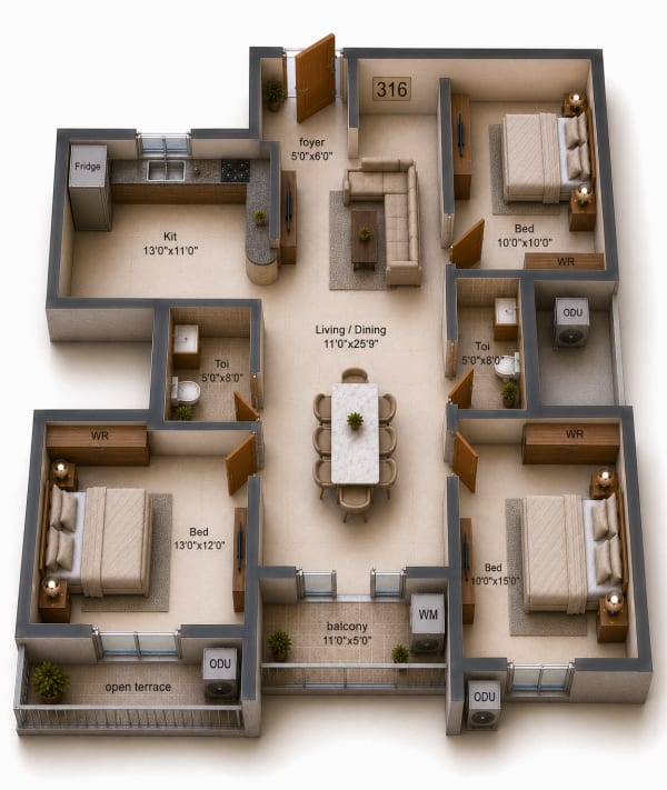 3BHK Apartment floor plan