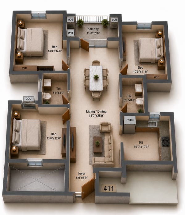 3BHK Apartment floor plan