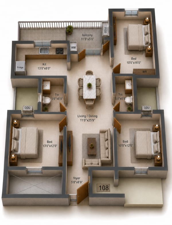 3BHK Apartment floor plan