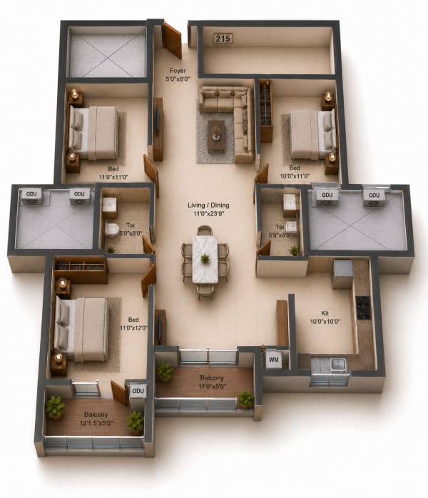 3BHK Apartment floor plan