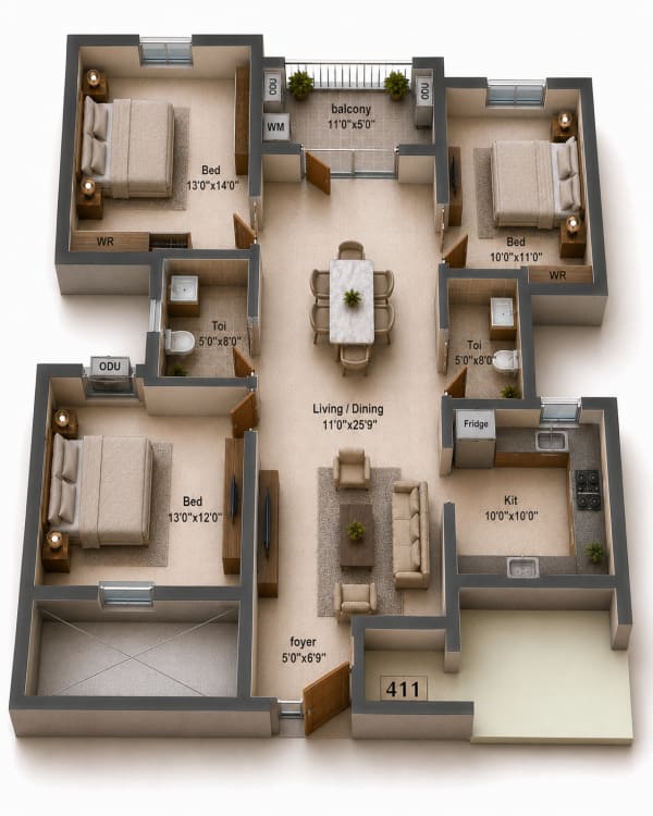 3BHK Apartment floor plan