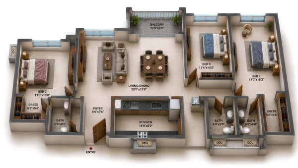 3 BHK Apartment floor plan — Casagrand Aquagrove