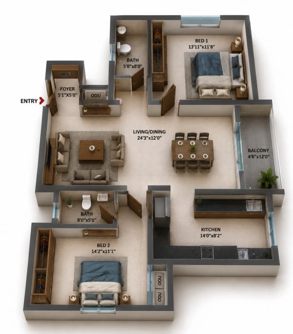 2 BHK Apartment floor plan
