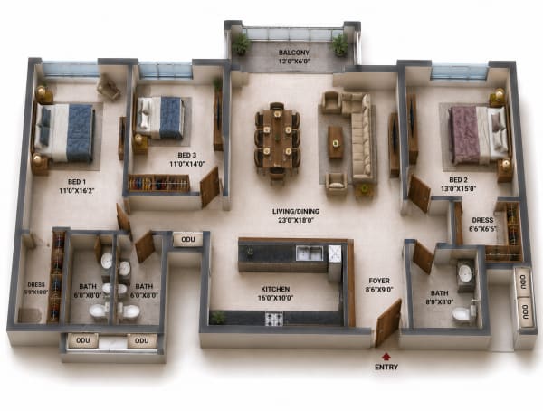 3 BHK Apartment floor plan — Casagrand Aquagrove