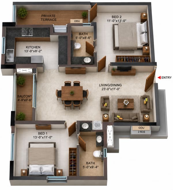2BHK Apartment floor plan