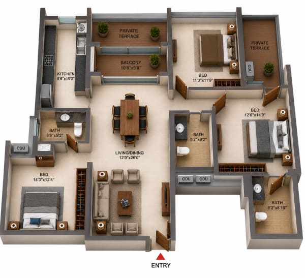 3BHK Apartment floor plan — Casagrand Primrose