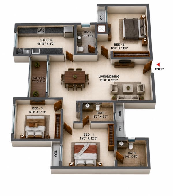 3BHK Apartment floor plan