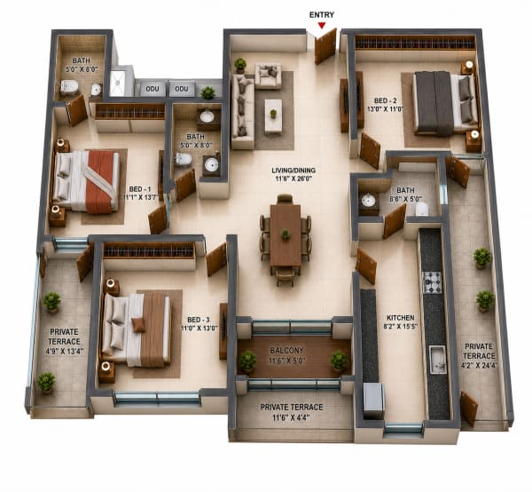 3BHK Apartment floor plan