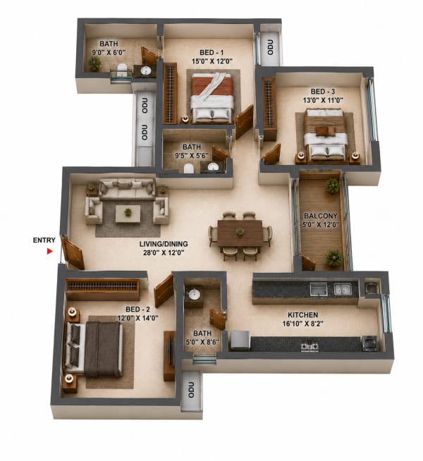 3BHK Apartment floor plan