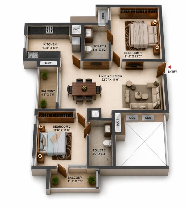 2BHK Apartment floor plan