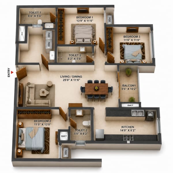 3BHK Apartment floor plan — Casagrand Elinor