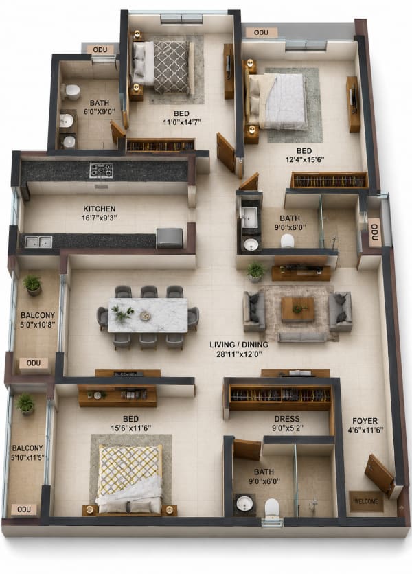 3BHK Apartment floor plan