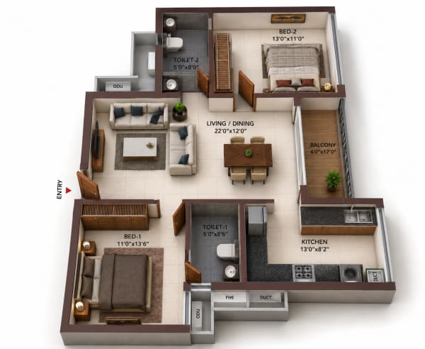 2BHK Apartment floor plan