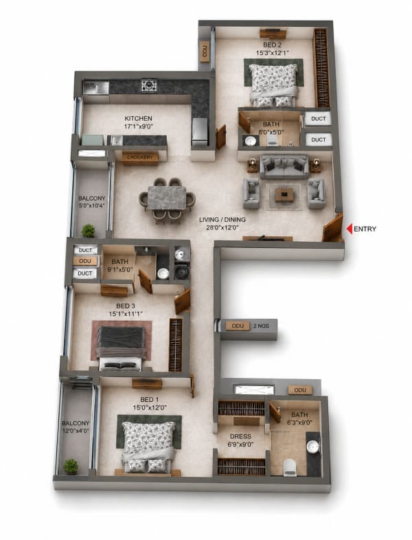 3 BHK Apartment floor plan — Casagrand Mercury