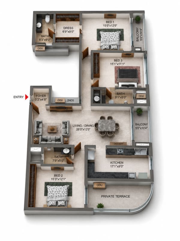 3 BHK Apartment floor plan — Casagrand Mercury