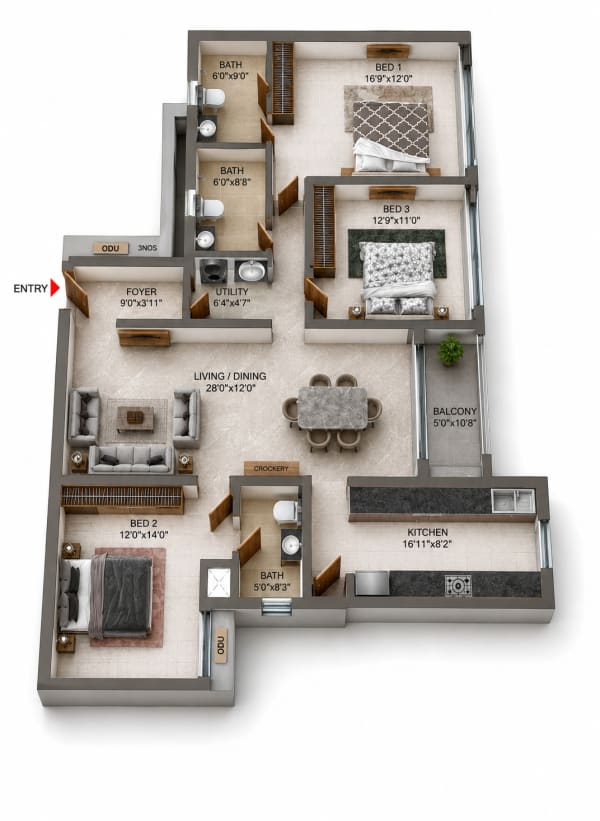3 BHK Apartment floor plan — Casagrand Mercury