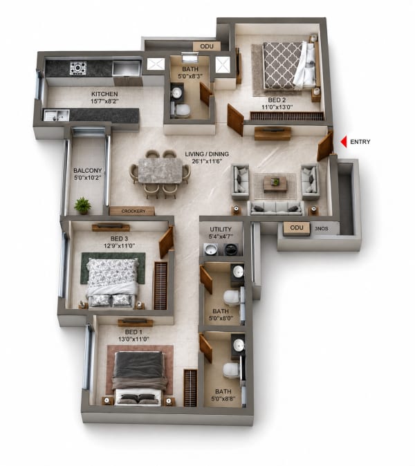 3 BHK Apartment floor plan — Casagrand Mercury