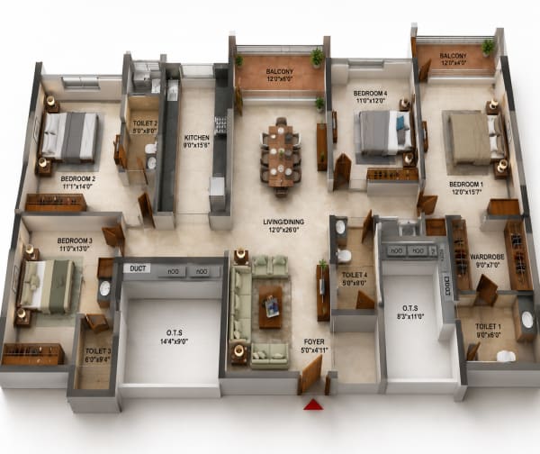 4 BHK Apartment floor plan