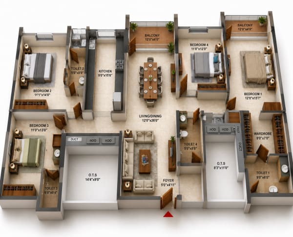4 BHK Apartment floor plan