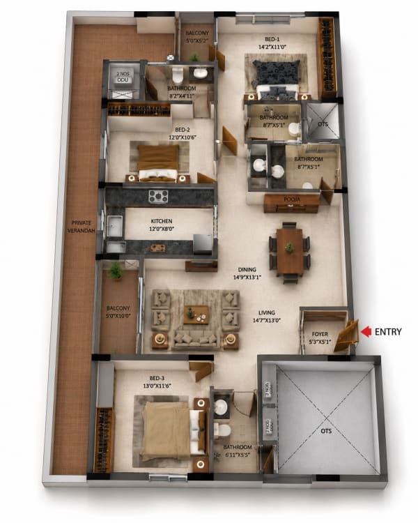 3 BHK Apartment floor plan