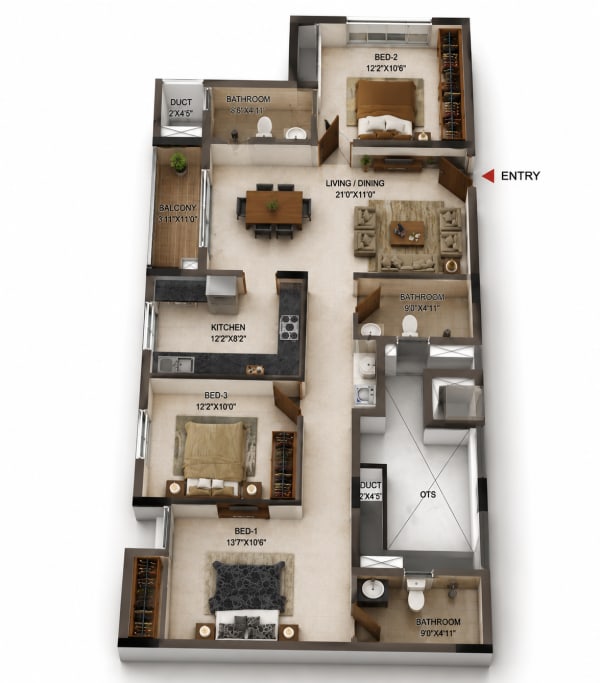 3 BHK Apartment floor plan