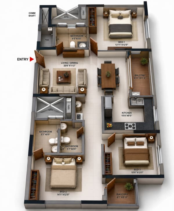 3 BHK Apartment floor plan — Casagrand Firstcity
