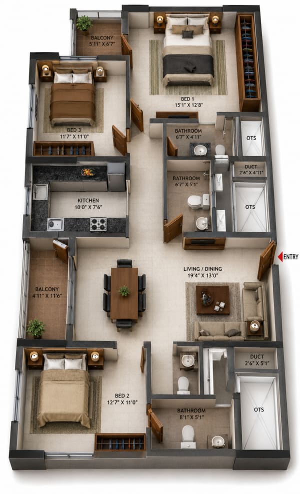 3 BHK Apartment floor plan — Casagrand Firstcity