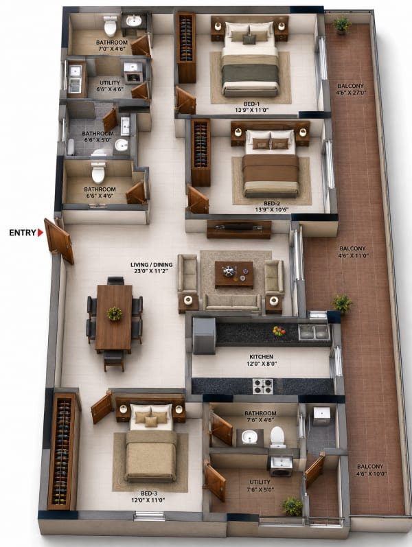 3 BHK Apartment floor plan — Casagrand Firstcity