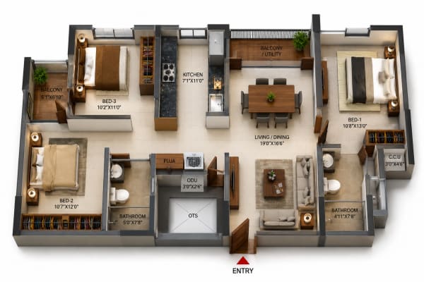 3 BHK Apartment floor plan — Casagrand Firstcity