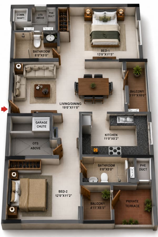 2 BHK Apartment floor plan