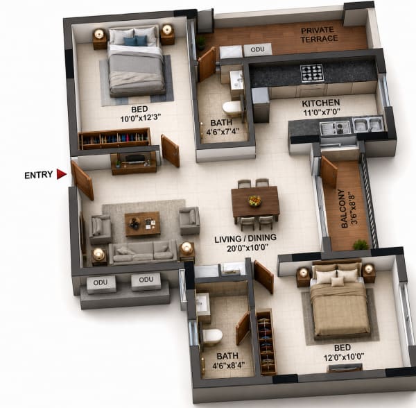 2 BHK Apartment floor plan