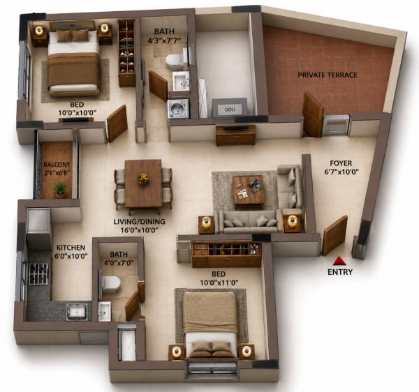 2 BHK Apartment floor plan