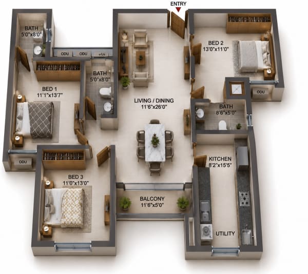 3 BHK Apartment floor plan