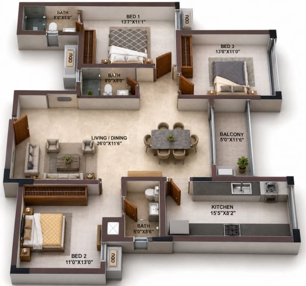 3BHK Apartment floor plan — Casagrand Linore
