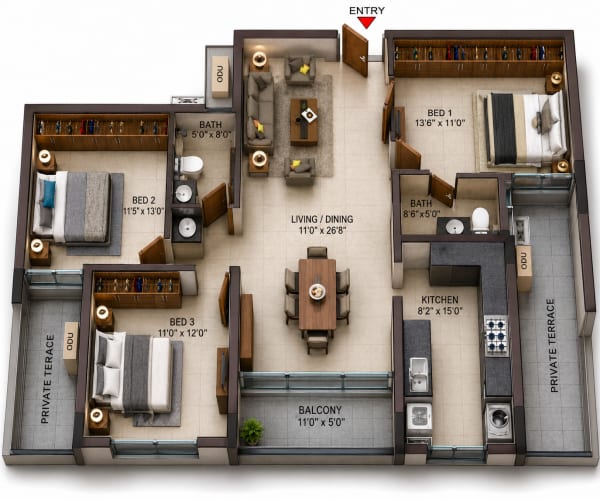 3 BHK Apartment floor plan