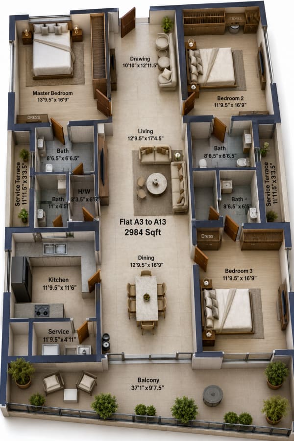 3 BHK Apartment floor plan