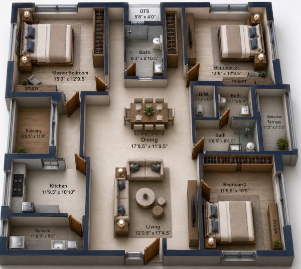 3 BHK Apartment floor plan