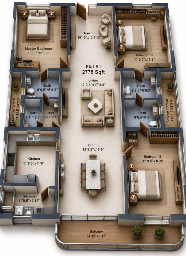 3 BHK Apartment floor plan