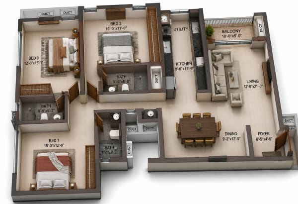 3 BHK Apartment floor plan