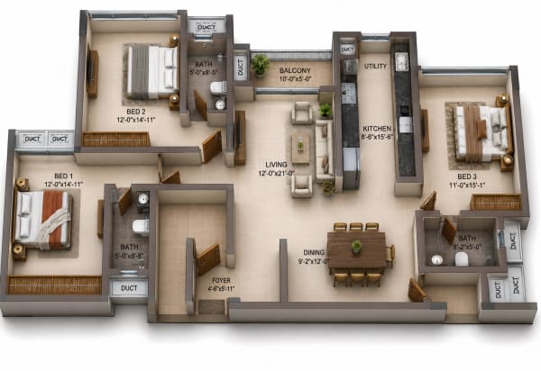 3 BHK Apartment floor plan