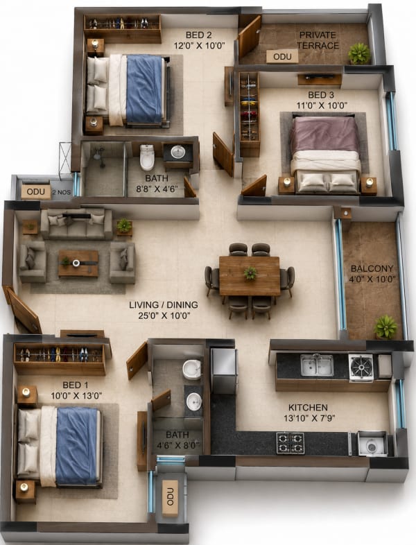3 BHK Apartment floor plan — Casagrand Casamia