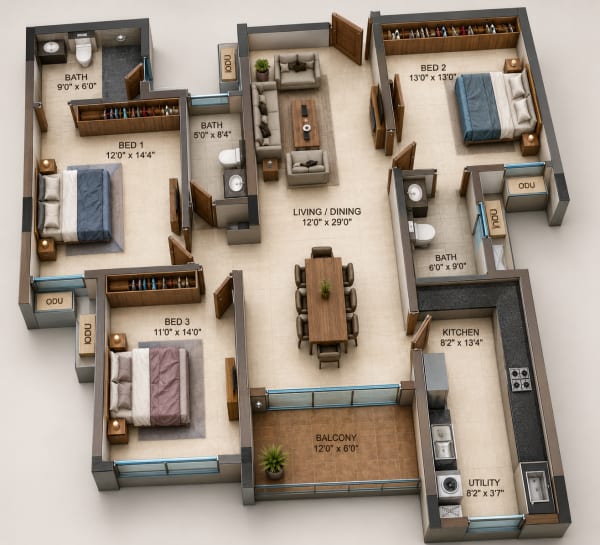 3 BHK Apartment floor plan — Casagrand Casamia