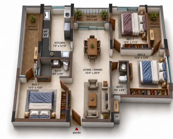 3 BHK Apartment floor plan — Casagrand Casamia
