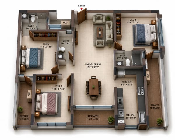 3 BHK Apartment floor plan — Casagrand Casamia