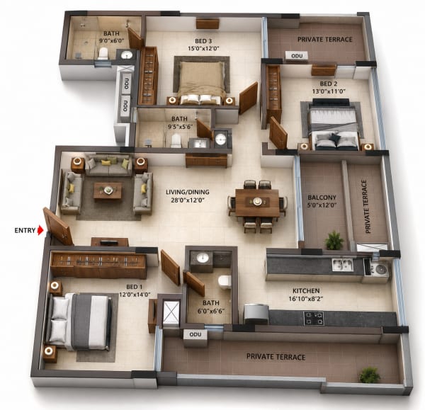 3 BHK Apartment floor plan