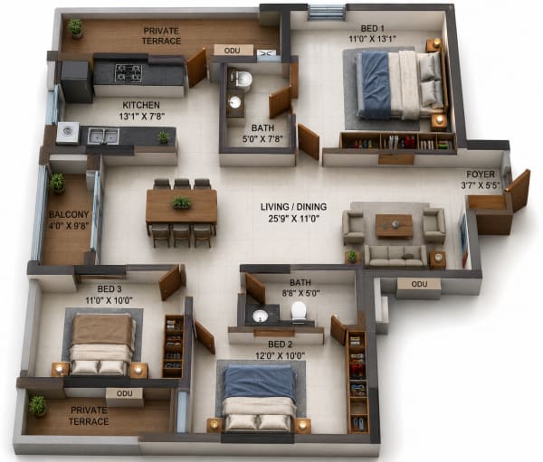 3 BHK Apartment floor plan