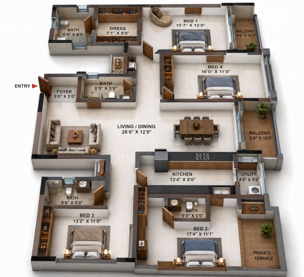 4 BHK Apartment floor plan — Casagrand Reva