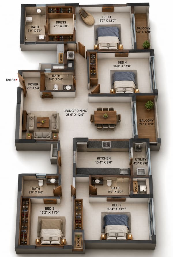 4 BHK Apartment floor plan — Casagrand Reva
