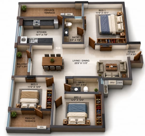 3 BHK Apartment floor plan