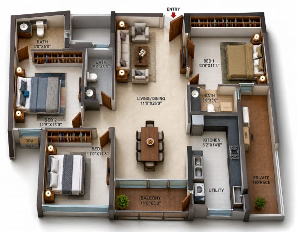 3 BHK Apartment floor plan — Casagrand Highclere